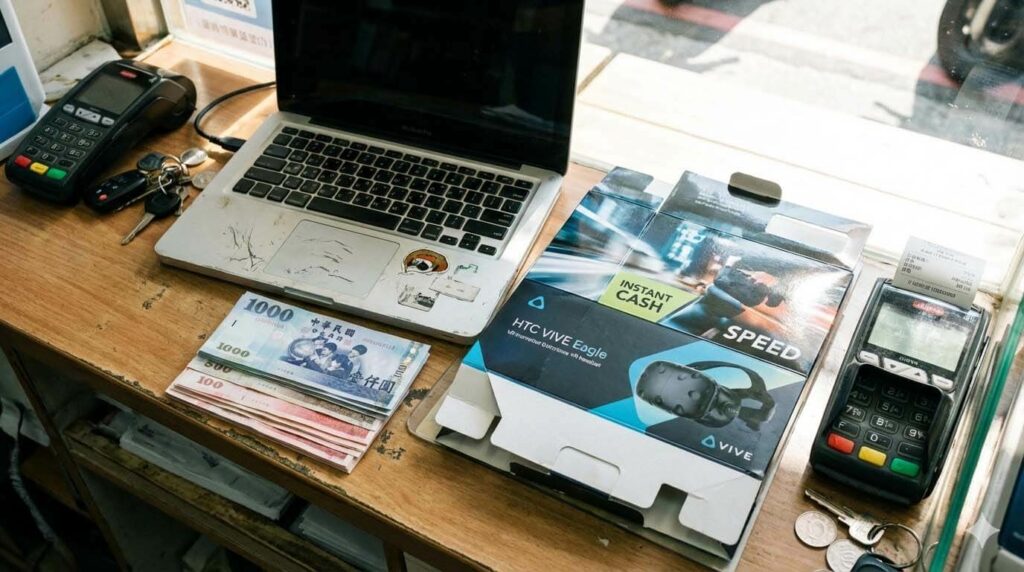 櫃檯上的現金、舊 MacBook 與 HTC VIVE Eagle 宣傳單示意圖